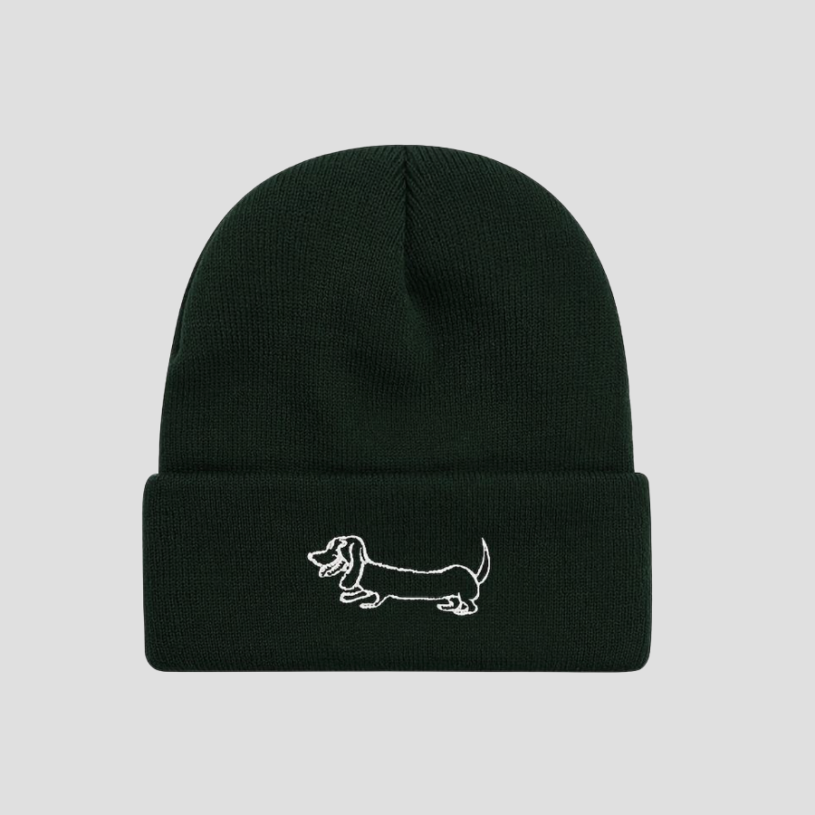 Fir green knitted hat with dachshund embroidery