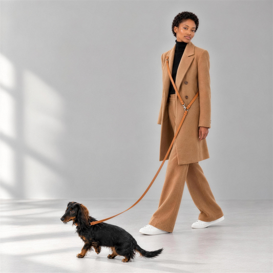 Model trägt die Hundeleine Classy cognac crossbody, Dackel an der Leine