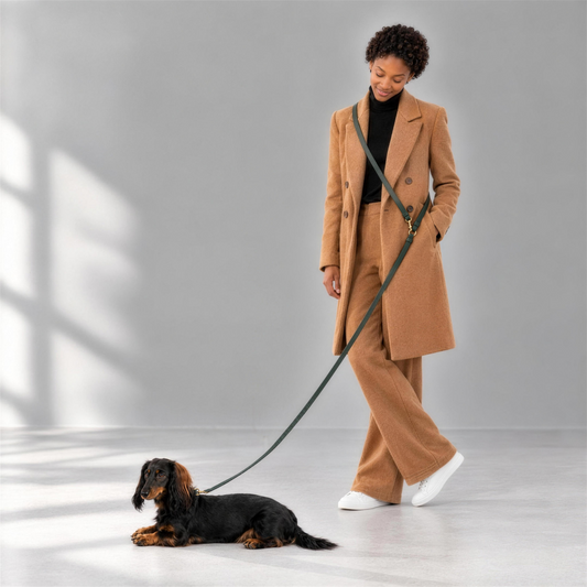 Model trägt die Hundeleine Classy dark green crossbody, Dackel an der Leine