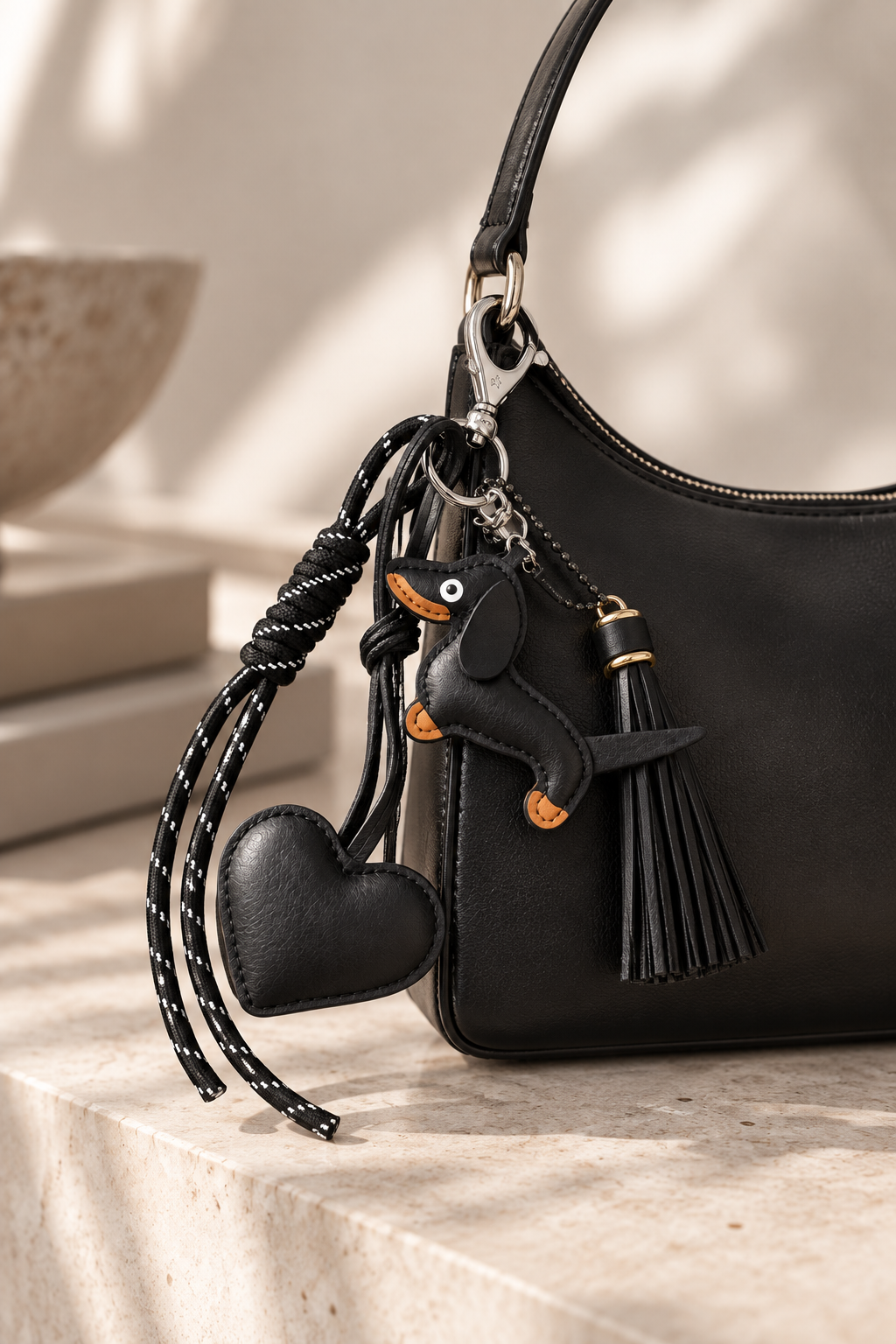 Dackel Taschenanhänger Heart in Schwarz an Handtasche