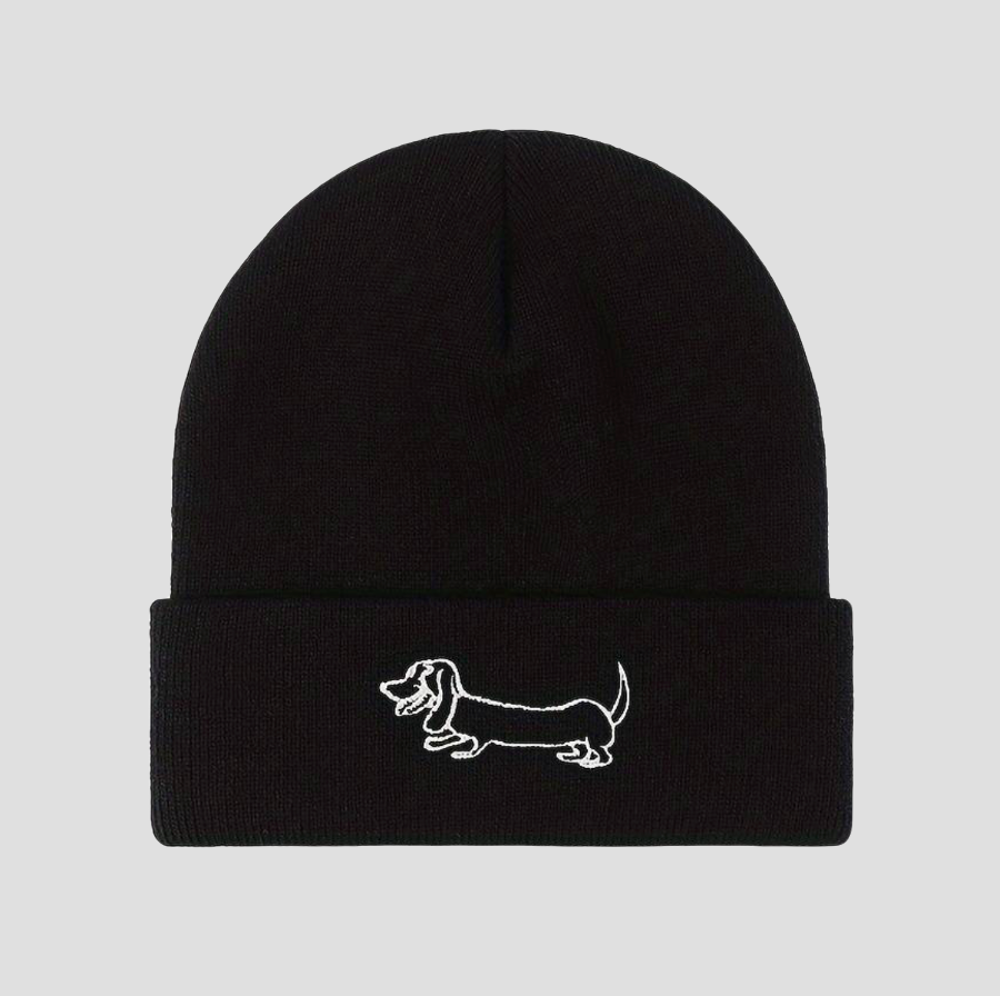 Black knitted hat with dachshund embroidery