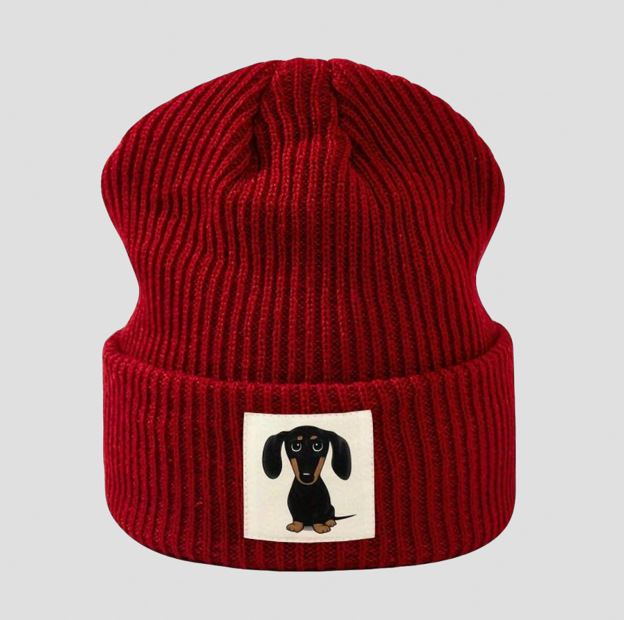 Bordeaux knitted hat with cartoon dachshund patch