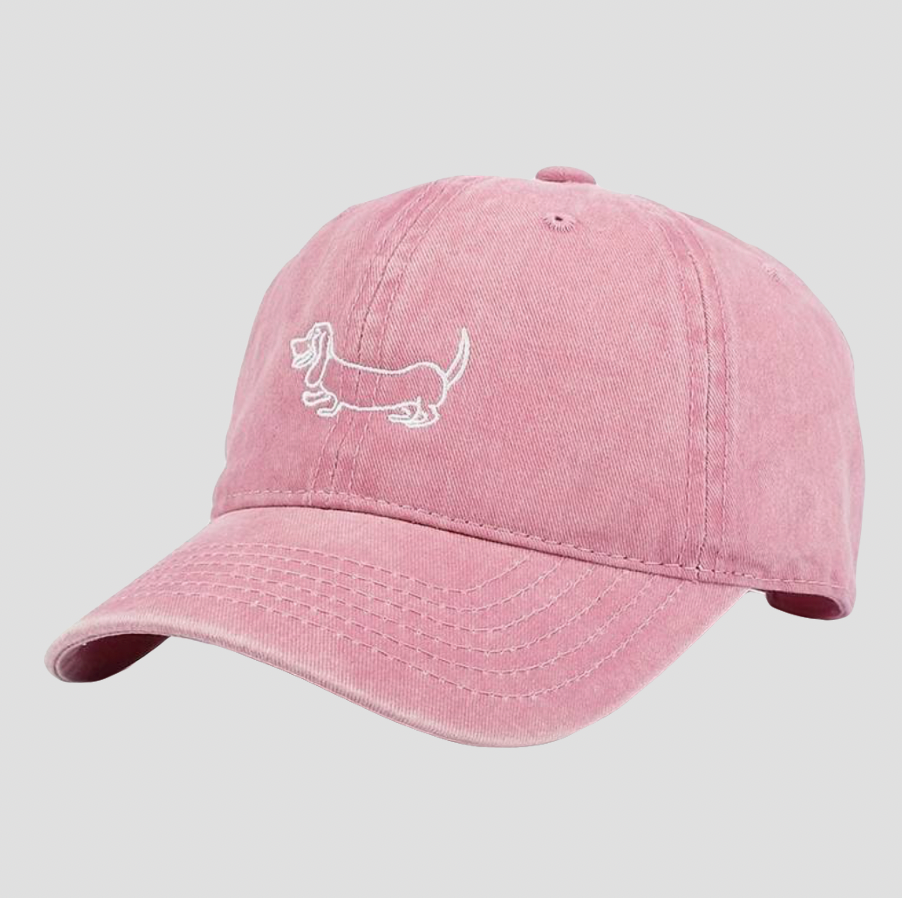 Pink baseball cap with dachshund embroidery