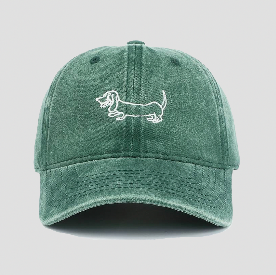 Pine green baseball cap with dachshund embroidery