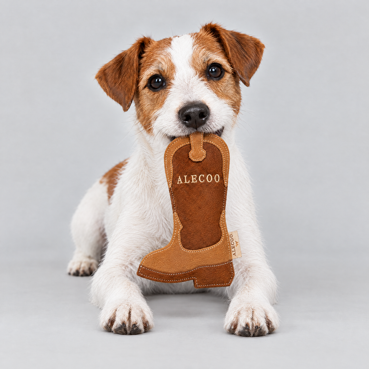 Cowboy Boot Hundespielzeug von ALECOO im Maul eines Jack Russell