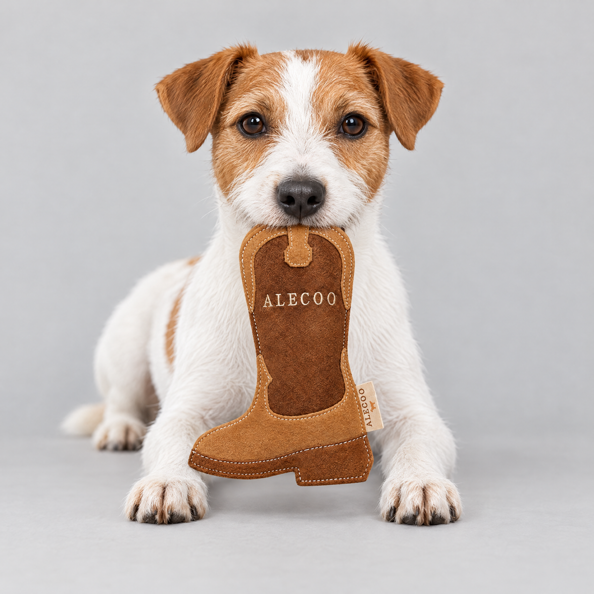 Cowboy Boot Hundespielzeug von ALECOO im Maul eines Jack Russell