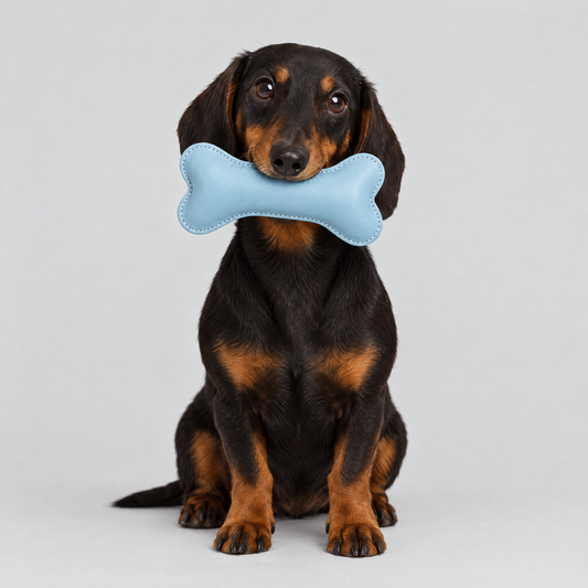 Hundeknochen Classy light blue von ALECOO im Maul eines Dackels